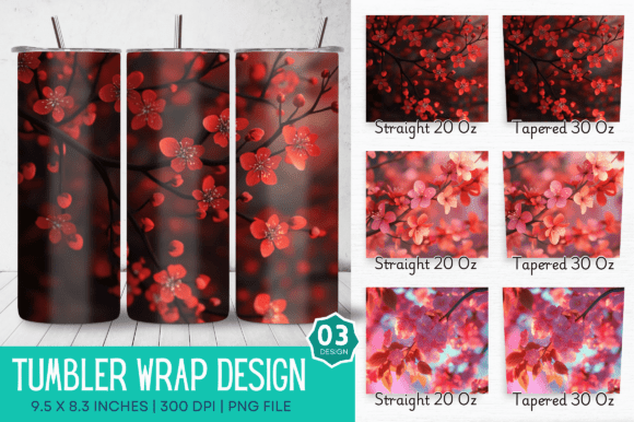 3D Red Cherry Blossom Flowers Tumbler Design