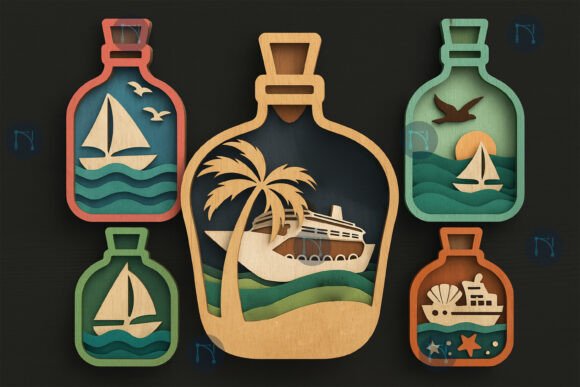 3D Ship in a Bottle Ocean SVG Bundle