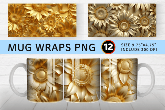 Gold 3D Sunflowers Mug Wrap Design